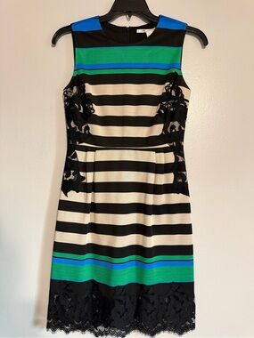 Diane Von Furstenberg Black, Cream, Green & Blue Striped Midi Dress